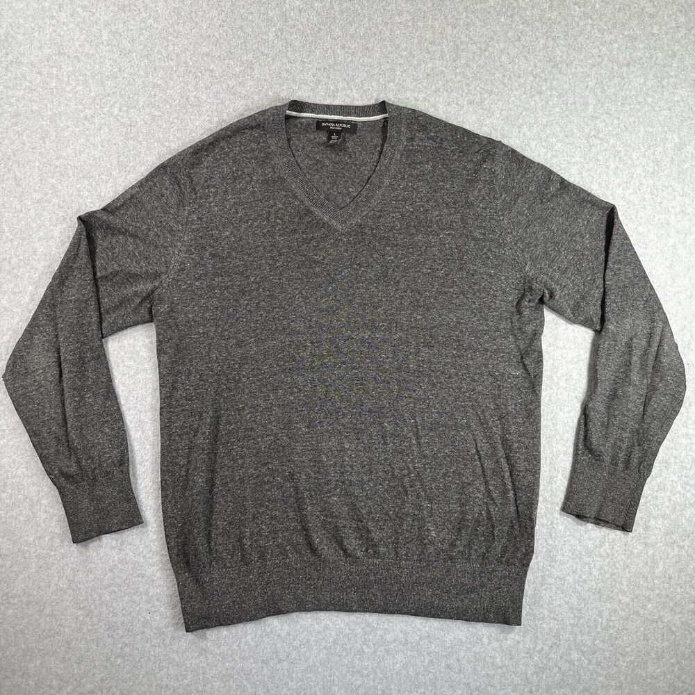 Banana Republic Sweater V Neck Silk Linen Grey Mens Size Large L Pullover